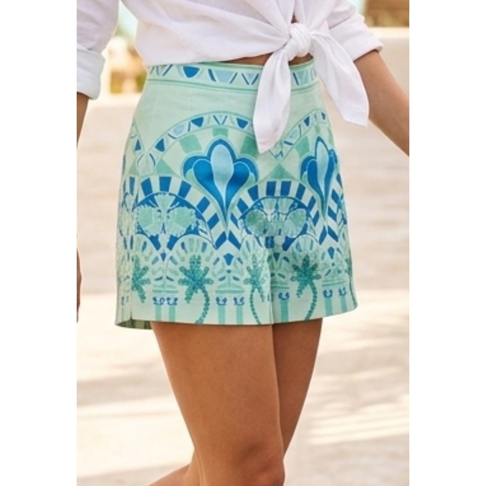 EMILY McCARTHY Women's XS Cordoba High Waist Shorts Mint Teal Blue Palm Trees